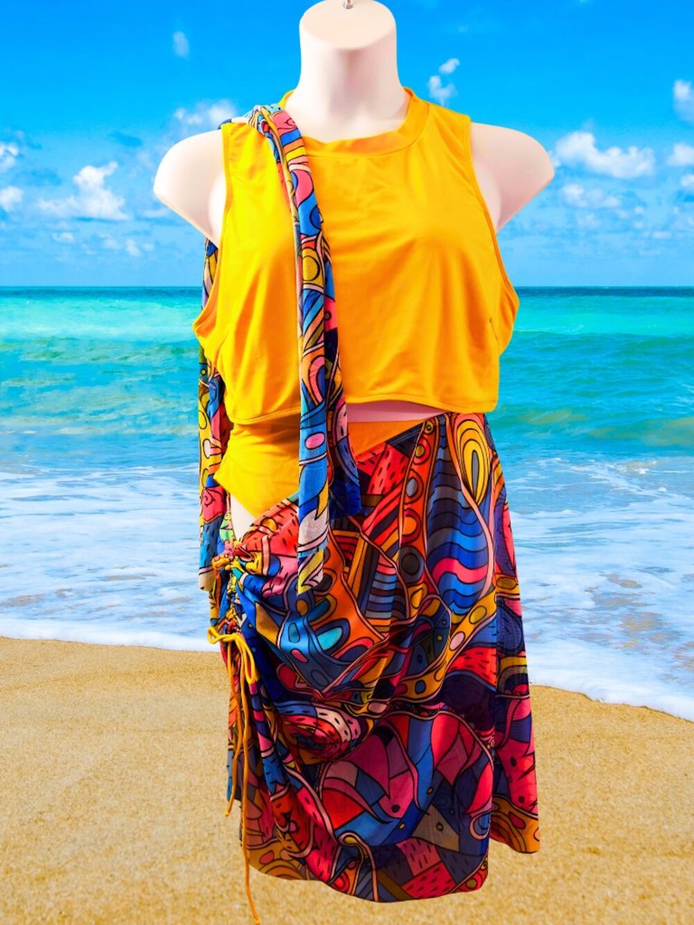 4PC Yellow Swim Set 4XL High Neck Bikini Cover Up Sarong Abstract Print Plus Sz